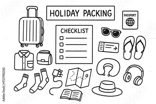 Holiday Packing Essentials. Hand-drawn doodle illustration Holiday Packing checklist, suitcase, folded shirt, toiletries bag, socks, passport, boarding pass,