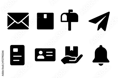 Sender Icon Set. Solid, filled icon set of sender: envelope, parcel box, mailbox, paper plane, shipping label, sender ID card, hand holding package,