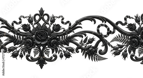 Elegant black floral ornament with roses and ferns, classic baroque scrollwork design