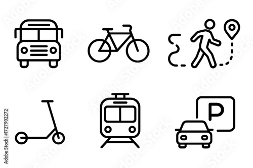 School Transport Icons. Outline icon set of school transport: school bus, bicycle, carpool, walking route, scooter, train, subway, parking lot. Line icons in