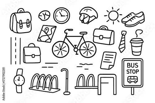 Bike Commute Essentials. Hand-drawn doodle illustration bike commuting office bag, bicycle, briefcase, helmet, clock, road line, map, coffee cup, sun, shoes,