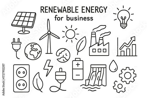 Renewable Energy Icons. Hand-drawn doodle illustration Renewable energy for business solar panel, wind turbine, hydro dam, battery, plug, outlet, lightning