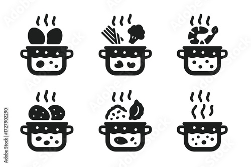 Boiling Food Icons. Solid, filled icon set of boiling food items: eggs, pasta, vegetables, seafood, potatoes, rice, dumplings, soup. [Line icons in only black