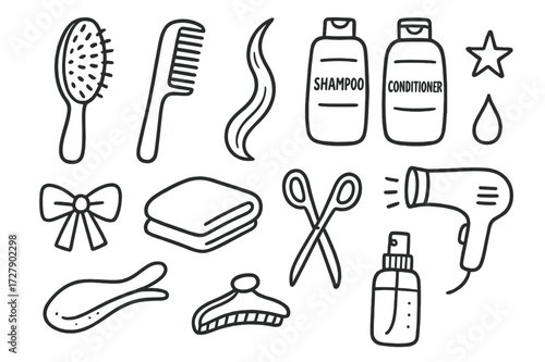Hair Tools Doodle. Hand-drawn doodle illustration hairbrush bristle hairbrush, bristles, comb, strand of hair, mirror, shampoo bottle, conditioner bottle,
