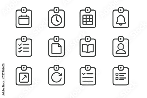 Organizational Icon Set. Organizational aids. Line icon set of organizational aids: calendar pass, schedule pass, seating chart pass, reminder pass, checklist