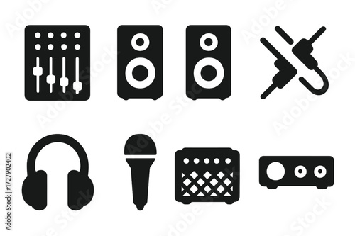 Jam Session Icon Set. Solid, filled icon set of jam session sound equipment: mixer, speakers, monitors, cables, audio interface, headphones, microphone,
