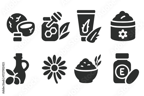 Natural Remedies Icons. Solid, filled icon set of cracked skin natural remedies: coconut oil, honey, aloe vera gel, shea butter, olive oil, chamomile, oatmeal,