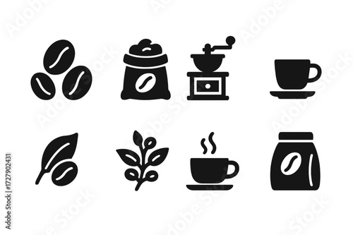 Coffee Icon Set. Solid, filled icon set of coffee beans: roasted coffee beans, coffee bean sack, coffee grinder, espresso cup, coffee leaf, coffee plant