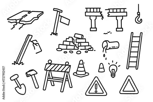 Infrastructure Damage Doodle. Hand-drawn doodle illustration damaged infrastructure cracked road, broken bridge, leaning pole, fallen sign, collapsed wall,