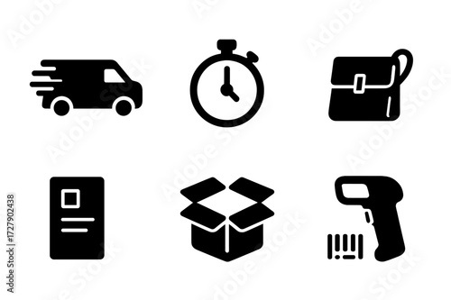 Express Delivery Icons. Solid, filled icon set of express parcel: delivery van, stopwatch, package box, courier bag, shipping label, drone delivery, open