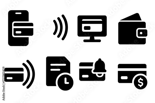 Debit Card Icons. Solid, filled icon set of debit card digital features: mobile app, contactless payment, virtual card, digital wallet, NFC, transaction