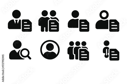 Report Recipients Icons. Solid, filled icon set of report recipients: manager, team, client, auditor, stakeholder, CEO, department, external partner. [Line