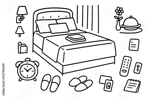 Hotel Room Doodles. Hand-drawn doodle illustration [Hotel-style bed arrangement] [stacked pillows, crisp sheet, folded towel, room service tray, flower in