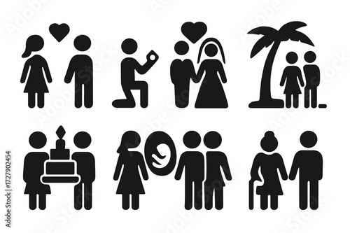 Relationship Milestones Icons. Solid, filled icon set of couple relationship stages: dating, engagement, wedding, honeymoon, anniversary, family planning,