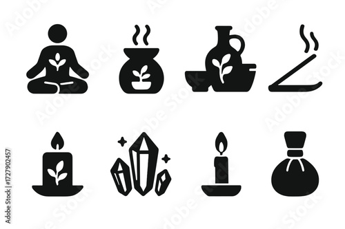 Herbal Healing Icons. Solid, filled icon set of herbal healing rituals: meditation, aromatherapy diffuser, herbal bath, massage oil, incense, candle, crystals,