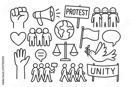 Solidarity Doodle Icons. Hand-drawn doodle illustration [Solidarity and activism] [fist, megaphone, protest sign, globe, linked arms, heart, crowd, justice