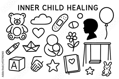 Inner Child Doodle Icons. Hand-drawn doodle illustration [Inner child healing] [teddy bear, crayon, child silhouette, balloon, toy block, bandage, heart, paper