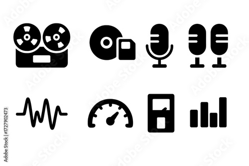 Audio Signal Icons. Solid, filled icon set of recording signal types: analog, digital, mono, stereo, waveform, decibel meter, noise gate, equalizer. Solid,