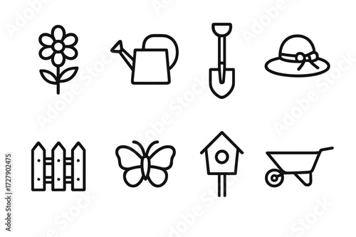 Grandmother's Garden Icons. Outline icon set of grandmother?s garden: flower, watering can, garden shovel, sun hat, fence, butterfly, birdhouse, wheelbarrow.