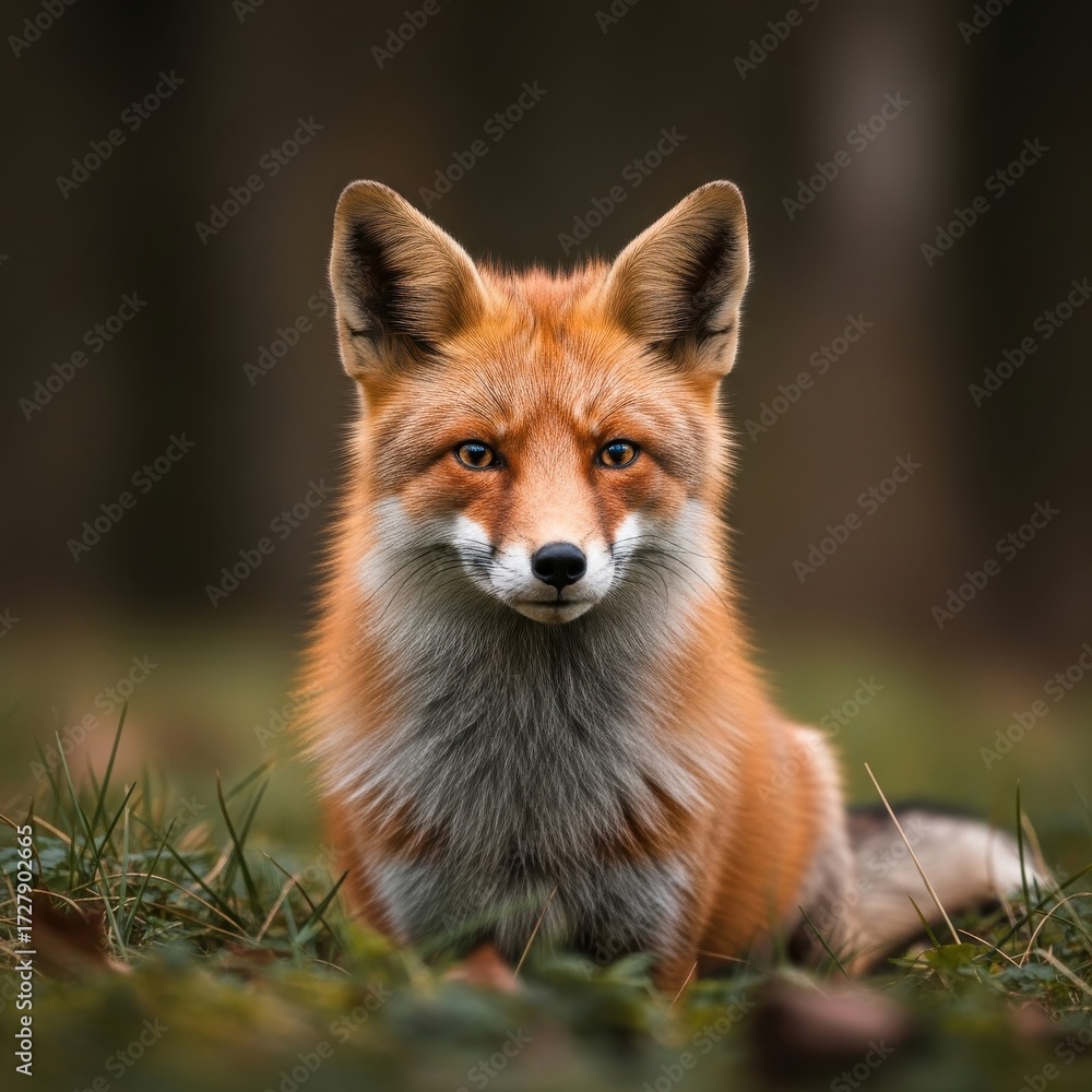 Fototapeta premium Enchanting Red Fox Portrait Amidst Verdant Foliage and Darkened Woods