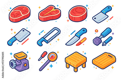 Meat Cuts Icons. Colorful isometric vector icons set of Meat Cuts and Tools: ribeye steak, T-bone steak, filet mignon, meat cleaver, bone saw, boning knife,