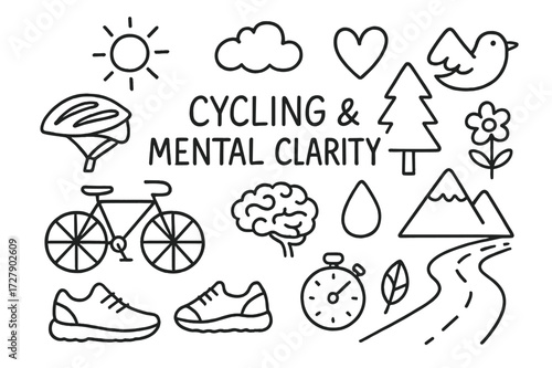 Cycling Mindfulness Symbols. Hand-drawn doodle illustration cycling and mental clarity bicycle, helmet, running shoe, sun, cloud, tree, flower, mountain,