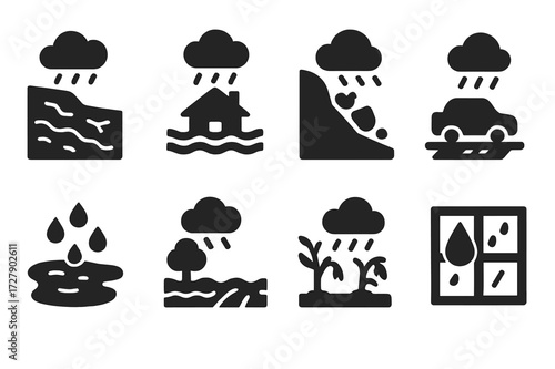 Rain Impact Icons. Solid, filled icon set of rain impact on environment: soil erosion, flood, landslide, wet roads, waterlogging, river overflow, damaged
