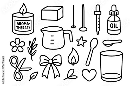 Aromatherapy Candle Doodle. Hand-drawn doodle illustration Aromatherapy candle making Candle jar, wax block, wick, fragrance oil, melting pot, thermometer,