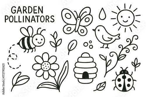 Garden Pollinators Doodle. Hand-drawn doodle illustration Garden Pollinators bee, butterfly, flower, ladybug, hive, bird, nectar droplet, pollen grains, leaf,