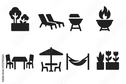 Penthouse Outdoor Icon Set. Solid, filled icon set of penthouse outdoor spaces: rooftop garden, lounge chairs, barbecue grill, fire pit, outdoor dining table,