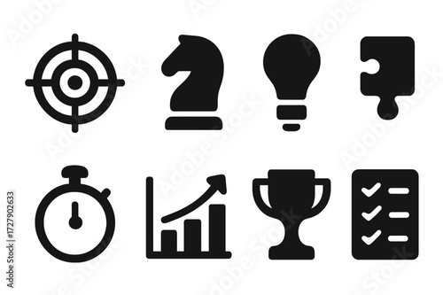 Icon Set_ Strategy Symbols. Solid, filled icon set of bid strategy: target, chess piece, light bulb, puzzle piece, stopwatch, growth chart, trophy, checklist.