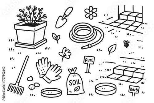 Garden Icon Doodles. Hand-drawn doodle illustration [Outdoor concrete garden] [large planter, shrub, trowel, watering hose, patio, steps, leaf, flower, insect,