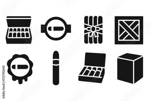 Cigar Packaging Icons. Solid, filled icon set of cigar packaging: cigar box, label, ribbon, wooden crate, seal, protective sleeve, presentation case, carton.
