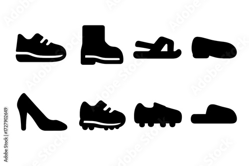 Footwear Icon Set. Solid, filled icon set of shoes types: sneaker, boot, sandal, loafer, high heel, running shoe, cleat, slipper. [Line icons in only black