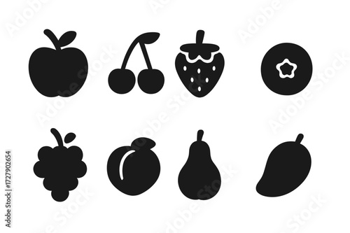Fruit Icon Grid. Solid, filled icon set of hand-picked fruits: apple, cherry, strawberry, blueberry, grape, peach, pear, mango. [Line icons in only black