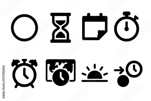 Lost Time Icons. Solid, filled icon set of lost time: clock with missing hands, hourglass turned over, calendar page torn, stopwatch stopped, alarm clock off,