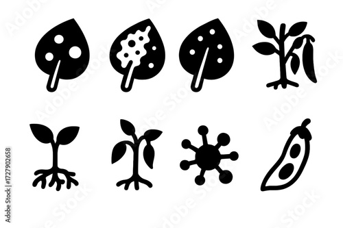 Bean Plant Diseases Icons. Solid, filled icon set of bean plant diseases: leaf spot, mildew, rust, blight, root rot, wilting plant, fungal spores, infected