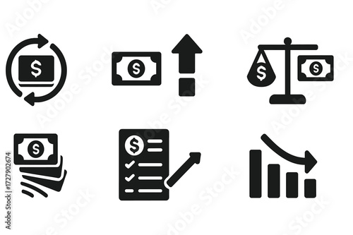 Cash Flow Icons. Solid, filled icon set of cash flow symbols: arrows circling money, income arrow, expense arrow, balance scale, cash stream, budget sheet,