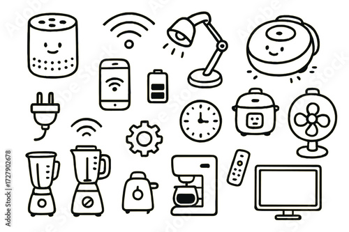 Smart Home Doodle Icons. Hand-drawn doodle illustration Smart portable appliances speaker, lamp, vacuum, blender, coffee maker, fan, rice cooker, smartphone,