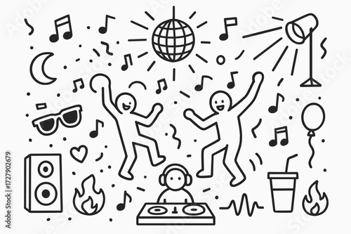Dance Floor Doodles. Hand-drawn doodle illustration Dance floor energy [dancing figures, music notes, disco ball, light beam, heart, sunglasses, spotlight, DJ