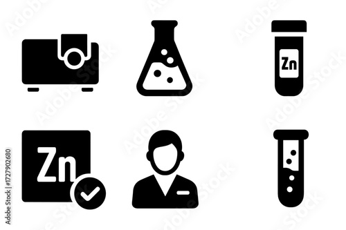 Zinc Analysis Icons. Solid, filled icon set of zinc analysis and testing: spectrometer, chemical flask, microscope, sample vial, periodic table, quality