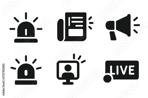 Breaking News Icons. Solid, filled icon set of breaking news: siren, alert bell, newspaper breaking, megaphone sound, flashing light, news flash, emergency