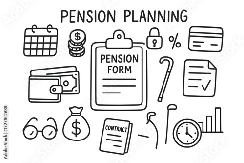 Pension Planning Icons. Hand-drawn doodle illustration pension planning pension form, clipboard, calendar, coin stack, bank card, wallet, money bag, contract,