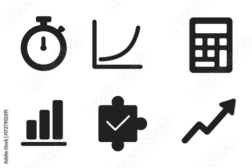 Algorithm Complexity Icons. Solid, filled icon set of algorithm complexity: stopwatch, graph with curve, big O notation, calculator, bar chart, puzzle piece,