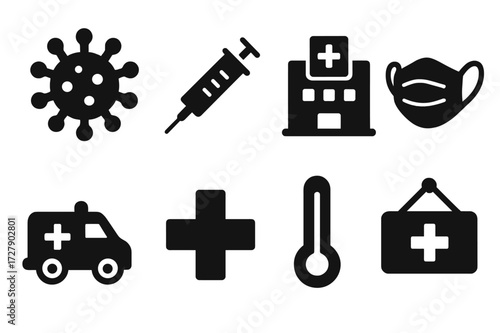 Health Crisis Icons. Solid, filled icon set of health crisis: virus, syringe, hospital building, face mask, ambulance, medical cross, thermometer, quarantine