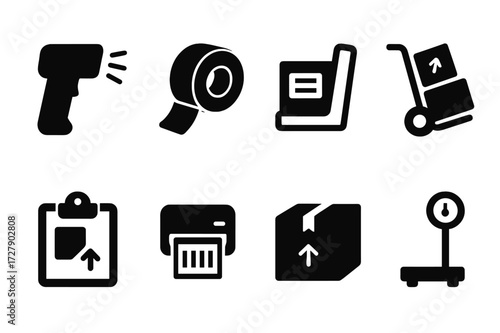 Delivery Tools Icons. Solid, filled icon set of delivery tools: barcode scanner, packing tape, shipping label, hand truck, clipboard, barcode printer, delivery