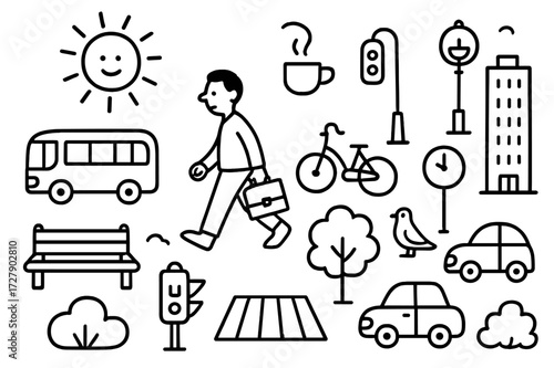 Morning City Stroll. Hand-drawn doodle illustration City stroll in the morning [sun, coffee cup, person walking, briefcase, bus, bicycle, traffic light,