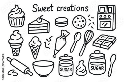 Sweet Treats Icons. Hand-drawn doodle illustration Sweet creations, cupcake, cake slice, macaron, cookie, chocolate bar, ice cream, piping bag, whisk, rolling
