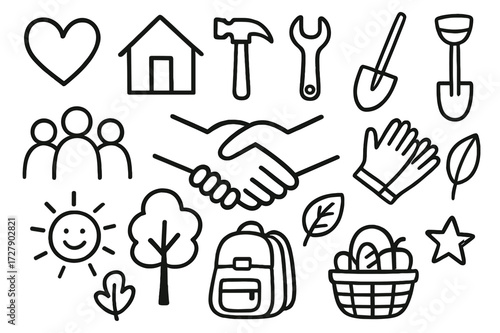 Community Recovery Doodle. Hand-drawn doodle illustration community recovery handshake, heart, house, hammer, wrench, shovel, broom, group of people, gloves,