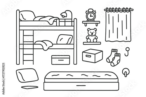 Bunk Bed Essentials. Hand-drawn doodle illustration [bunk bed setup] [top bunk, ladder, pillow, blanket, railing, reading light, stuffed animal, shelf, alarm